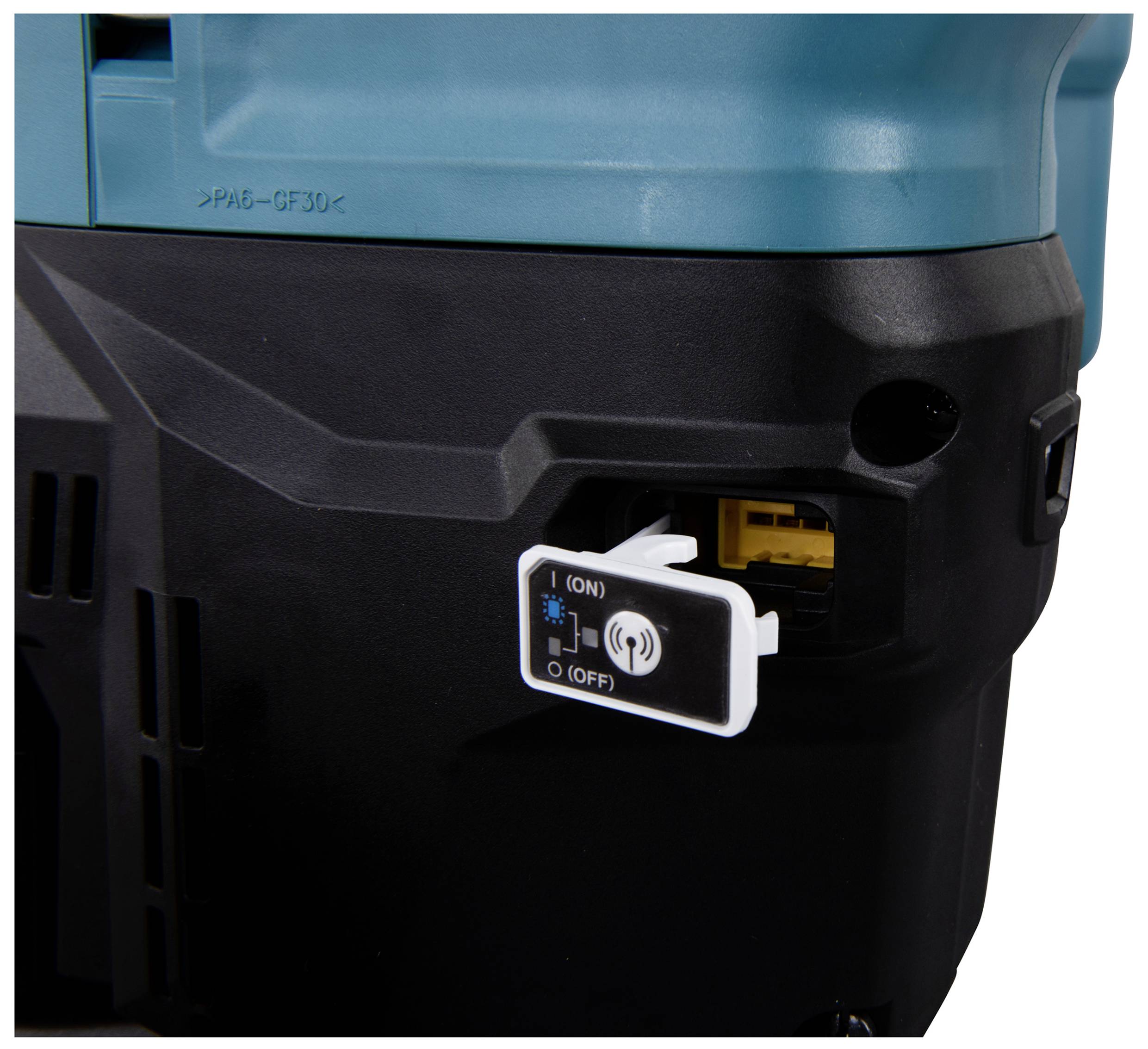 Czarne i niebieskie urządzenie elektryczne z białym przełącznikiem z oznaczeniami 'ON' i 'OFF' na przedniej powierzchni.