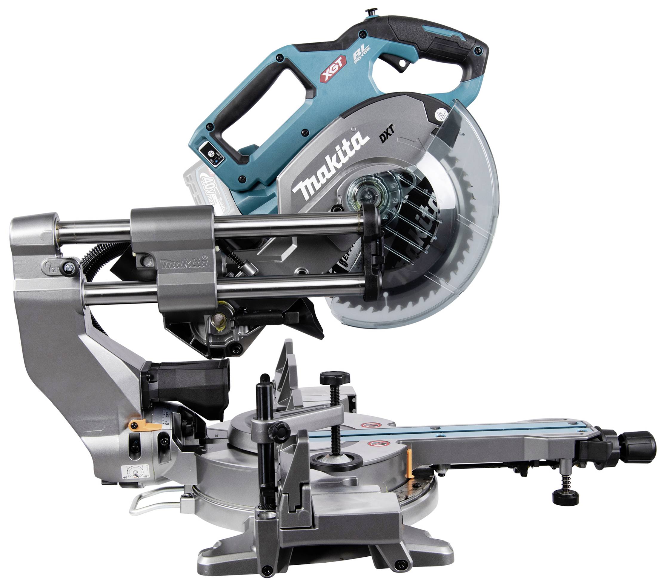 Niebieska i srebrna piła ukośnica z okrągłą tarczą tnącą i regulowanym stołem, przeznaczona do precyzyjnego cięcia drewna.