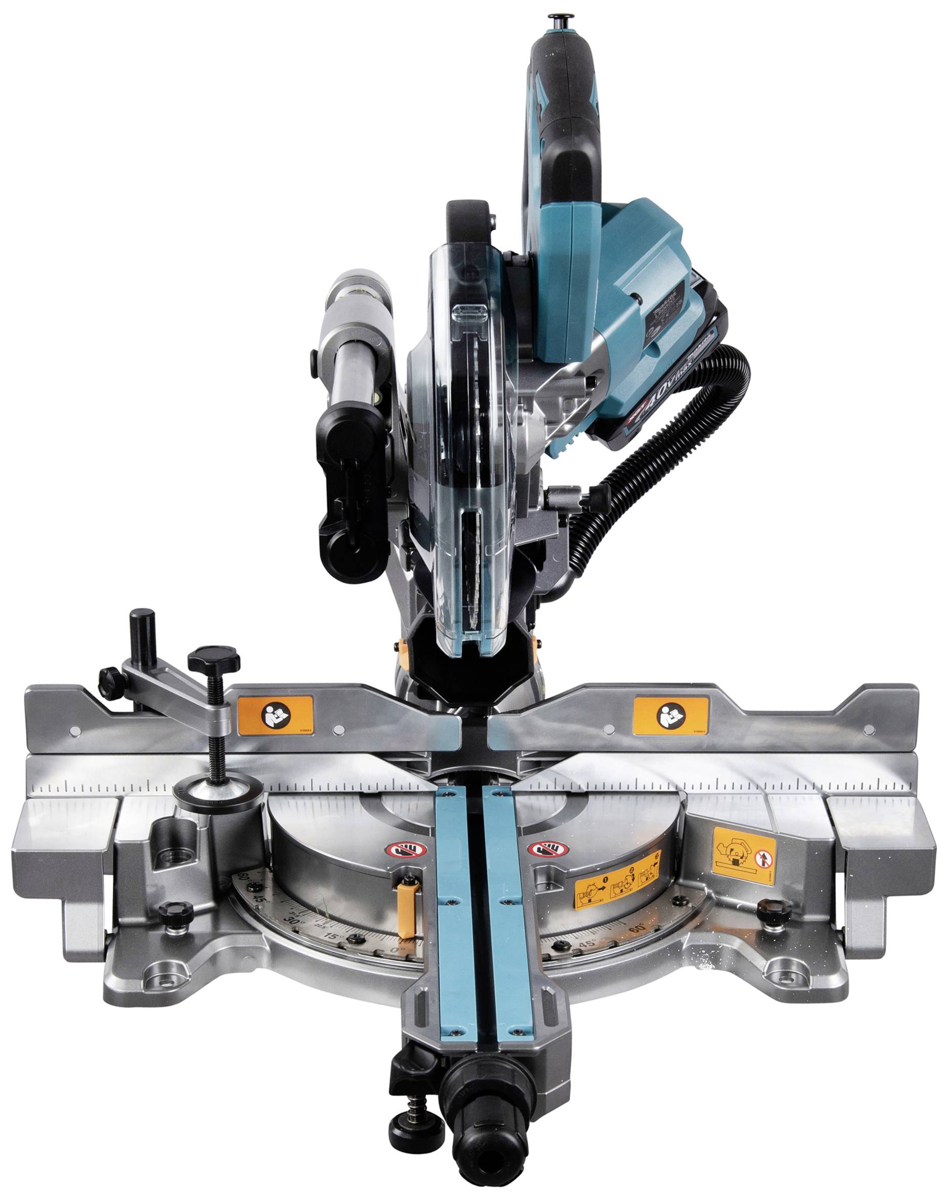 Niebieska i srebrna piła ukośnica z prowadnicą, odpowiednia do precyzyjnej obróbki drewna i cięć pod różnymi kątami.