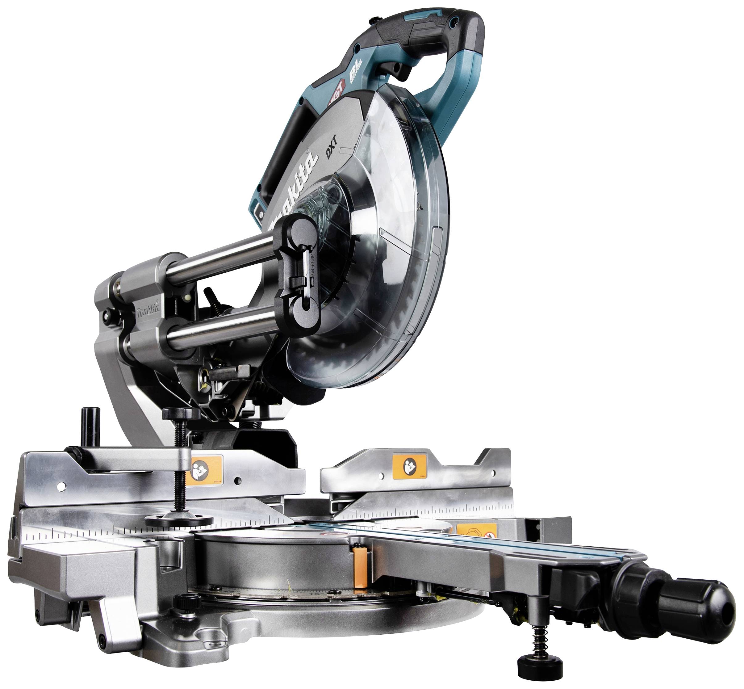Akumulatorowa piła do cięcia pod kątem z obrotowym stołem i prowadzeniem laserowym, odpowiednia do precyzyjnych prac stolarskich w warsztatach.