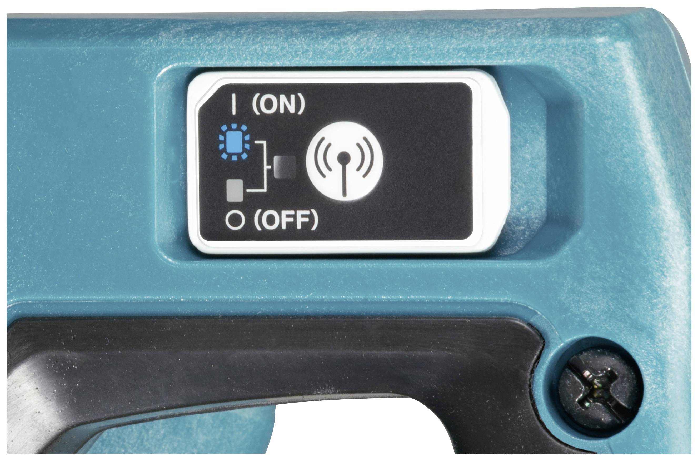 Zbliżenie przełącznika dwupozycyjnego: pozycja 'ON' przedstawia symbol anteny, pozycja 'OFF' jest bez symbolu. Przełącznik jest zamontowany w niebieskiej obudowie.