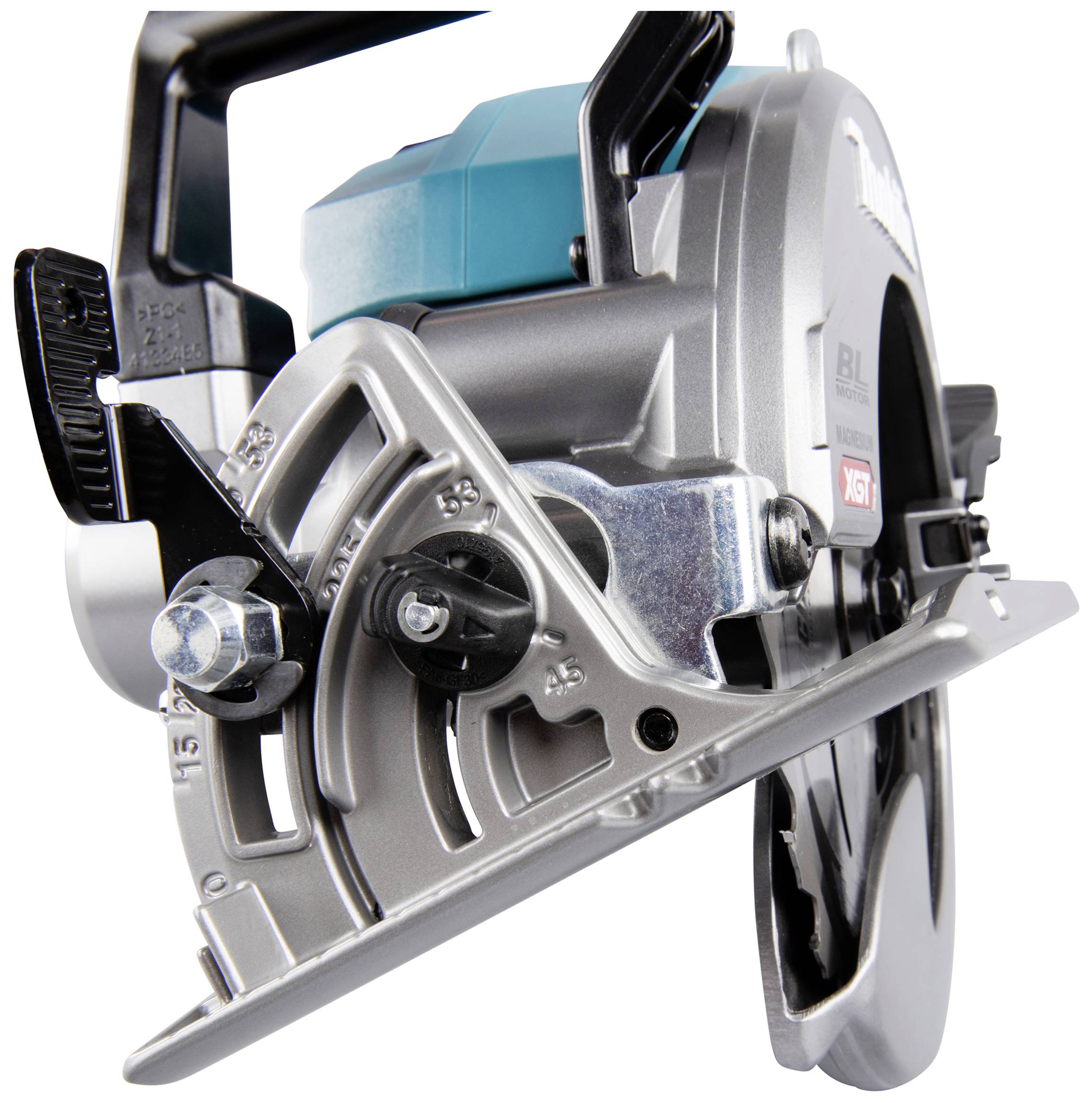 Elektryczna piła tarczowa z srebrną obudową i czarną rękojeścią. Ostry, obrotowy brzeszczot, idealny do precyzyjnych cięć w drewnie.