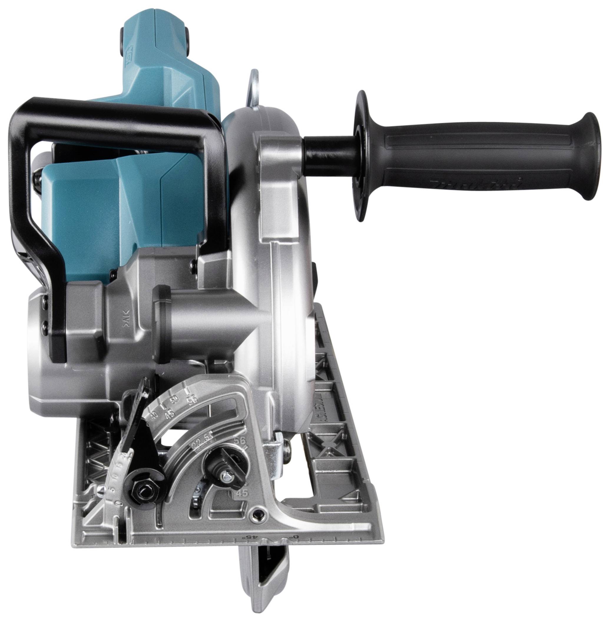 Elektryczna ręczna pilarka tarczowa w niebieskiej obudowie z czarnym uchwytem, sfotografowana z boku. Narzędzie do obróbki drewna.