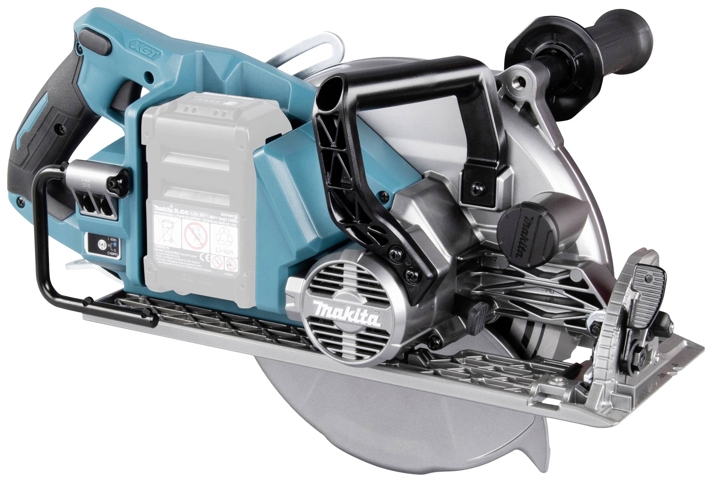 Bezprzewodowa piła tarczowa w niebiesko-czarnej obudowie, z solidnym uchwytem i ostrą tarczą tnącą, idealna do precyzyjnego cięcia drewna. Widoczna nazwa marki.