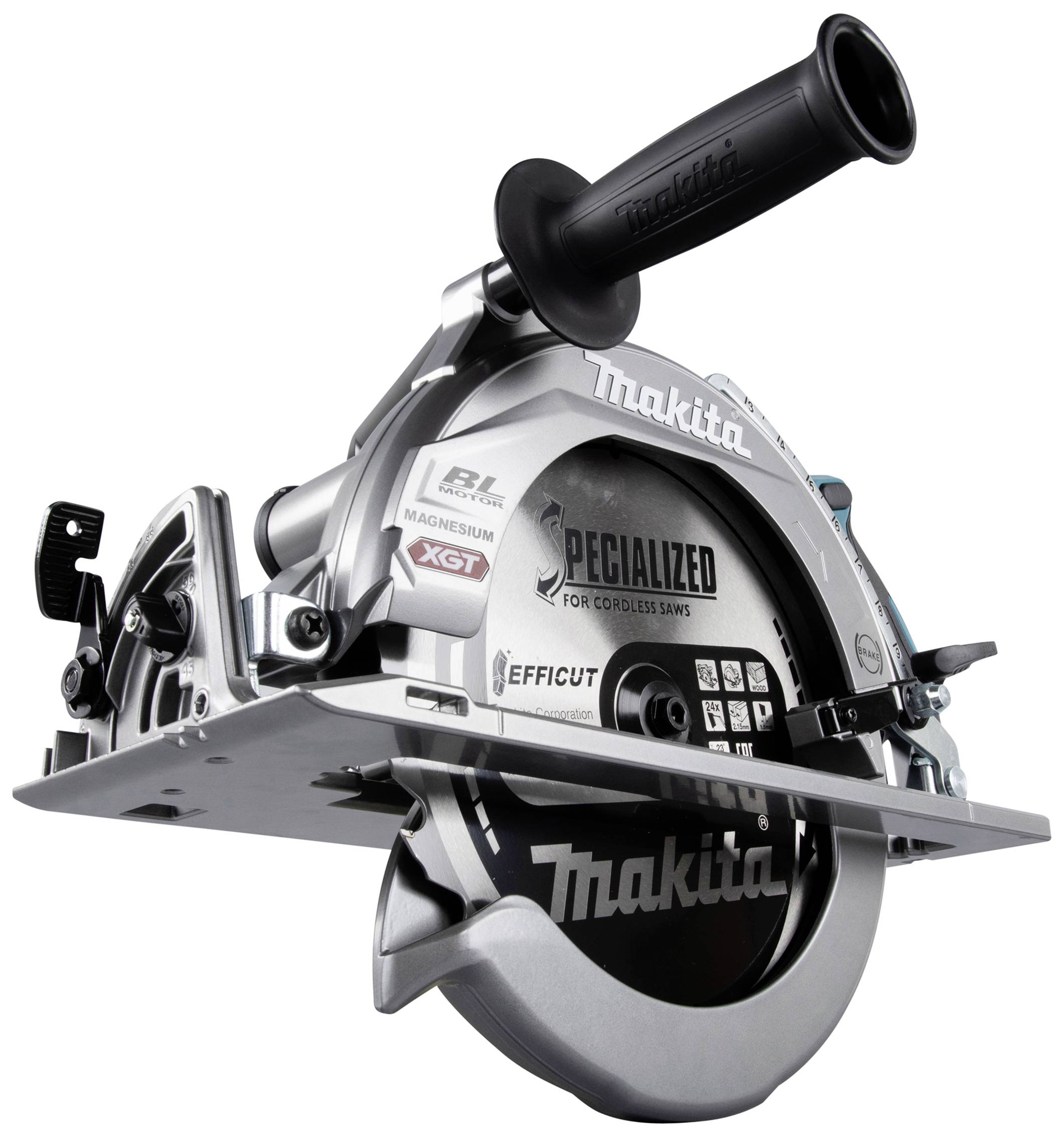Akumulatorowa piła tarczowa Makita w kolorze srebrnym, z czarną rękojeścią, ujęta z boku, pokazująca zamontowaną tarczę tnącą i logo EFFICIUT.