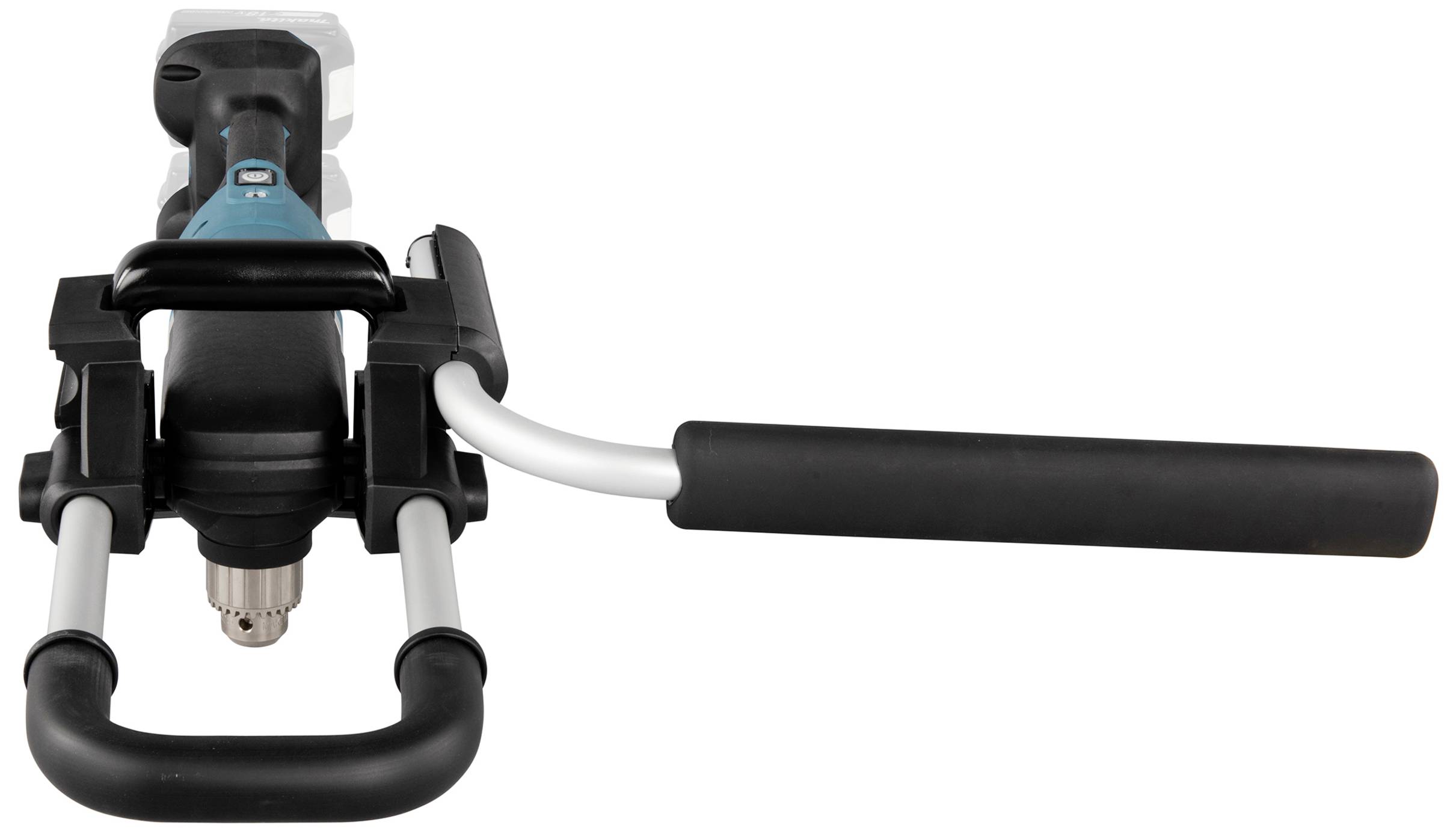 Elektryczna ręczna wiertarka z czarnym uchwytem i niebieską obudową, pokazana od przodu. Odpowiednia do ciężkich prac wiertniczych.