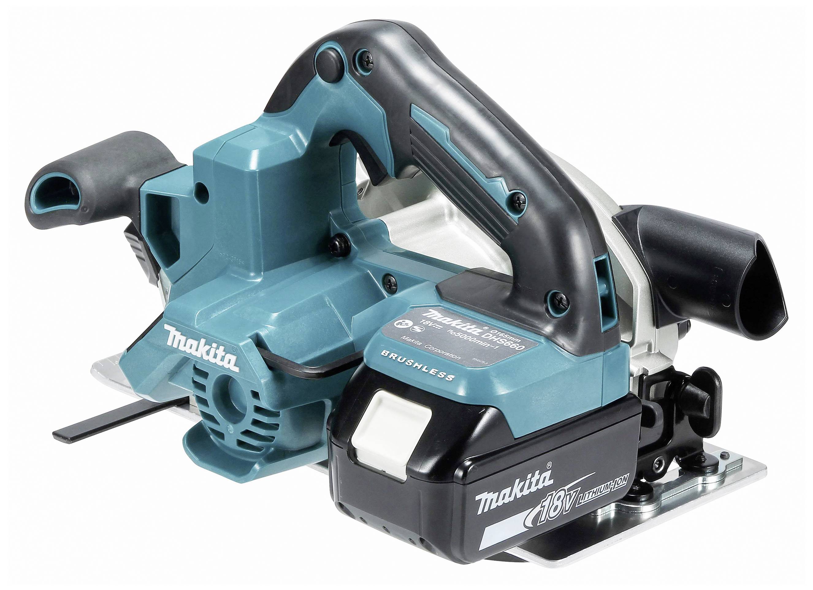 Bezprzewodowy ręczny strug w kolorze niebieskim z czarnym uchwytem, sygnowany logo 'Makita 18V'.