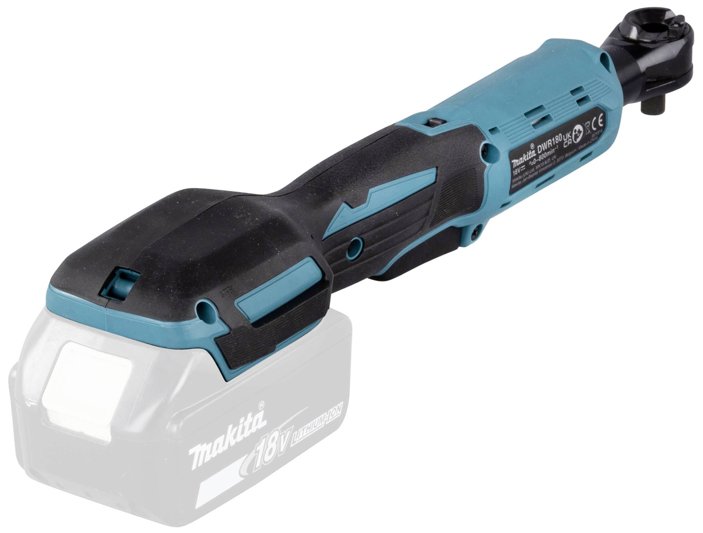 'Akumulatorowy klucz dynamometryczny Makita w obudowie niebiesko-czarnej, bez akumulatora. Odpowiedni do prac śrubowych w trudno dostępnych miejscach.'