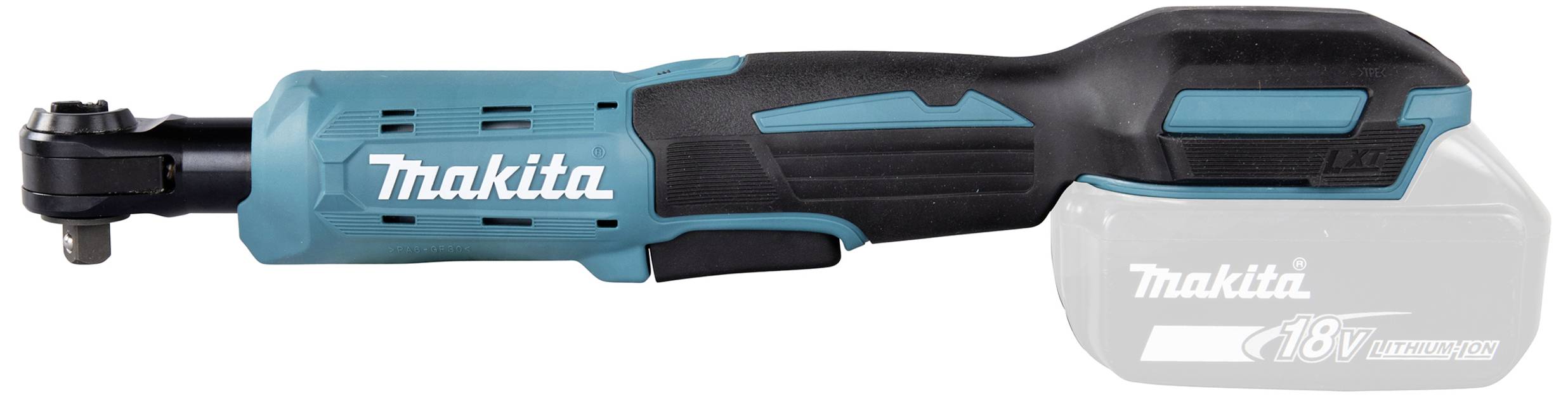 Akumulatorowy wkrętak udarowy Makita w kolorze czarnym i niebieskim, z ergonomicznym uchwytem i akumulatorem 18V.