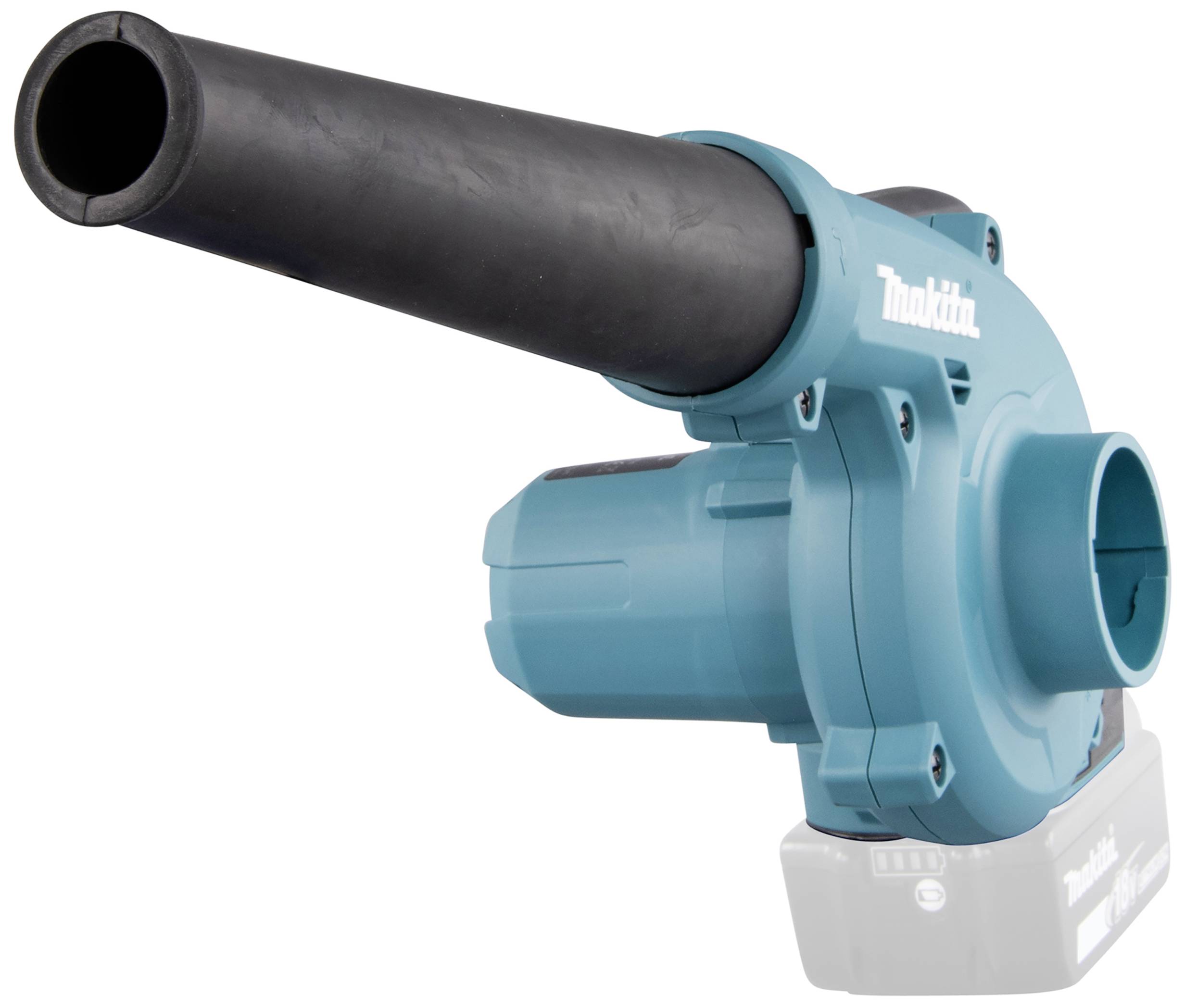 Niebieski, przenośny dmuchawa do liści z czarną rurą wydechową, zamontowany na szarym postumencie, gotowy do użycia.