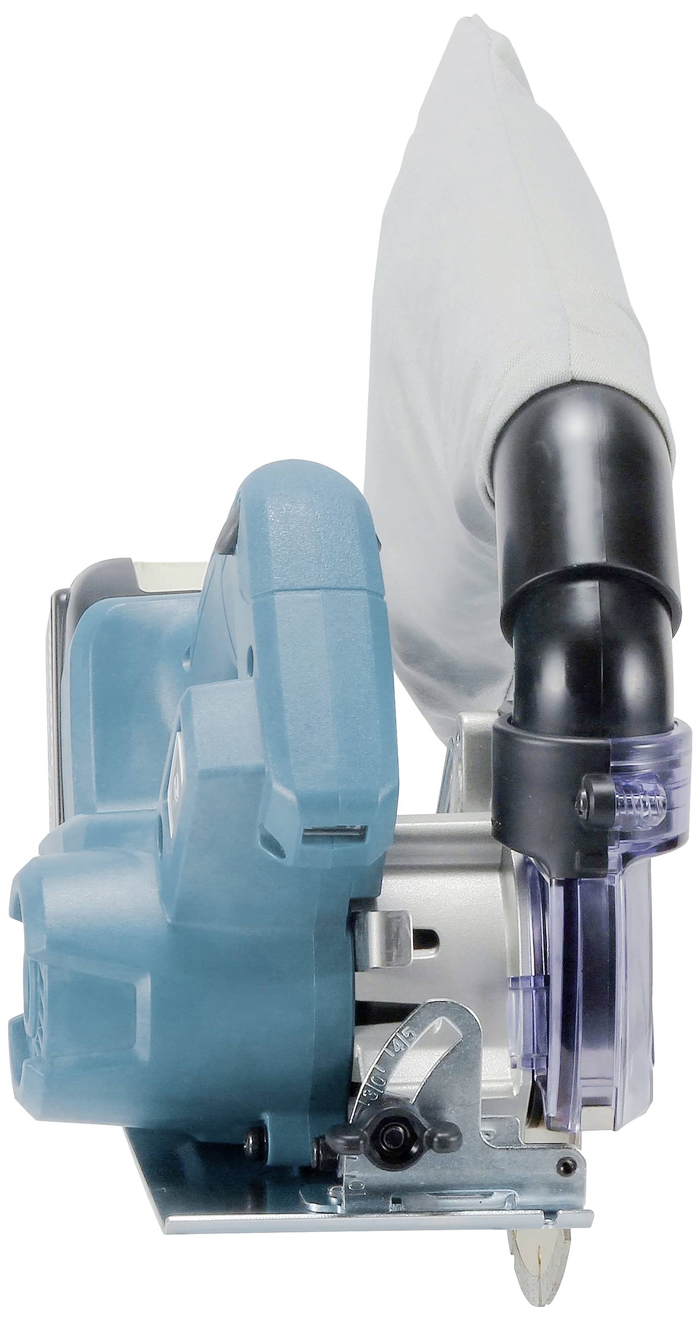 Niebieska elektryczna ręczna pilarka tarczowa z workiem na pył, prezentowana z boku. Służy do cięcia drewna.