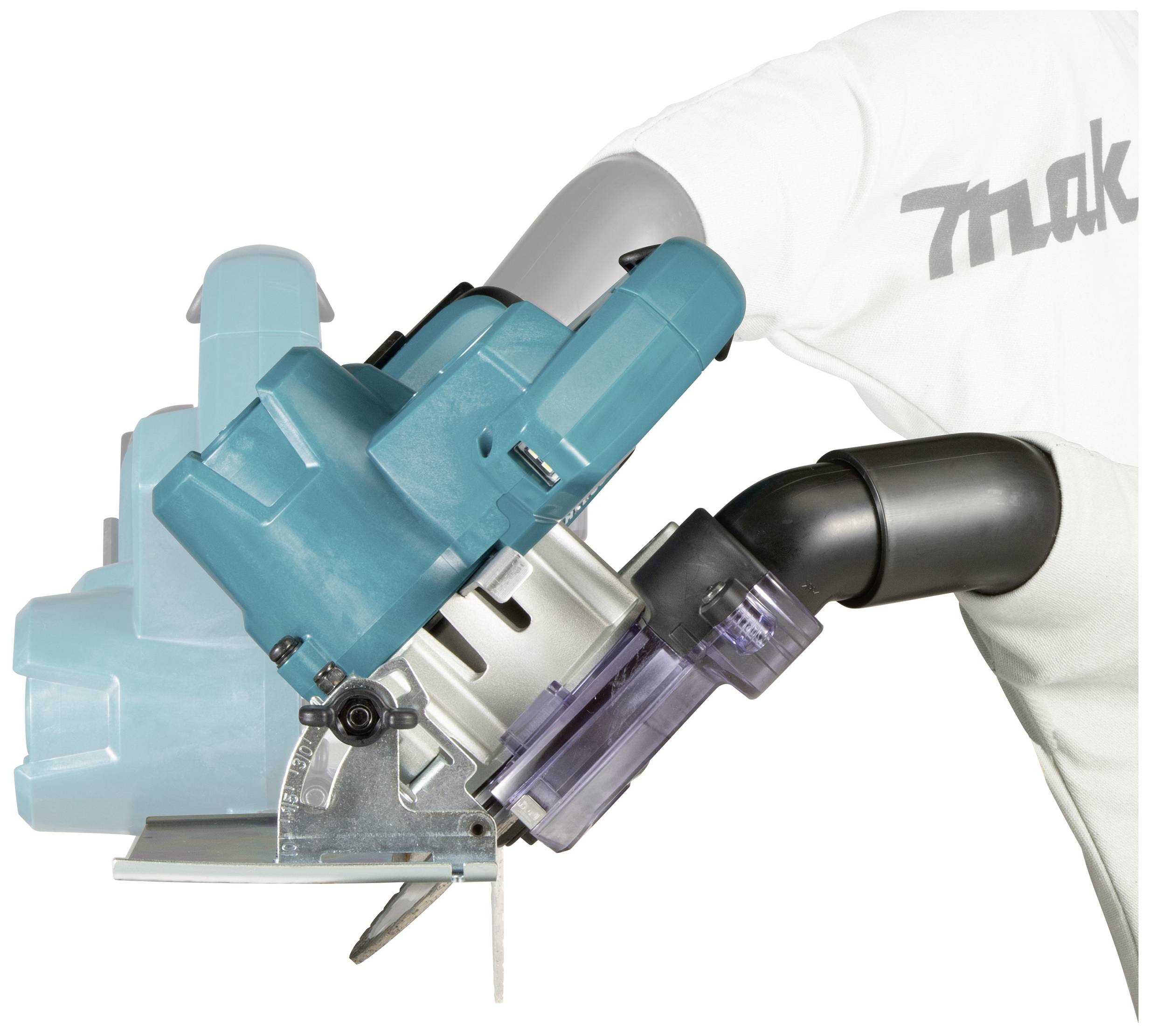 Ramiączko robota trzyma niebieską elektryczną ręczną piłę tarczową z obudową ochronną. W tle widoczna jest część logo.