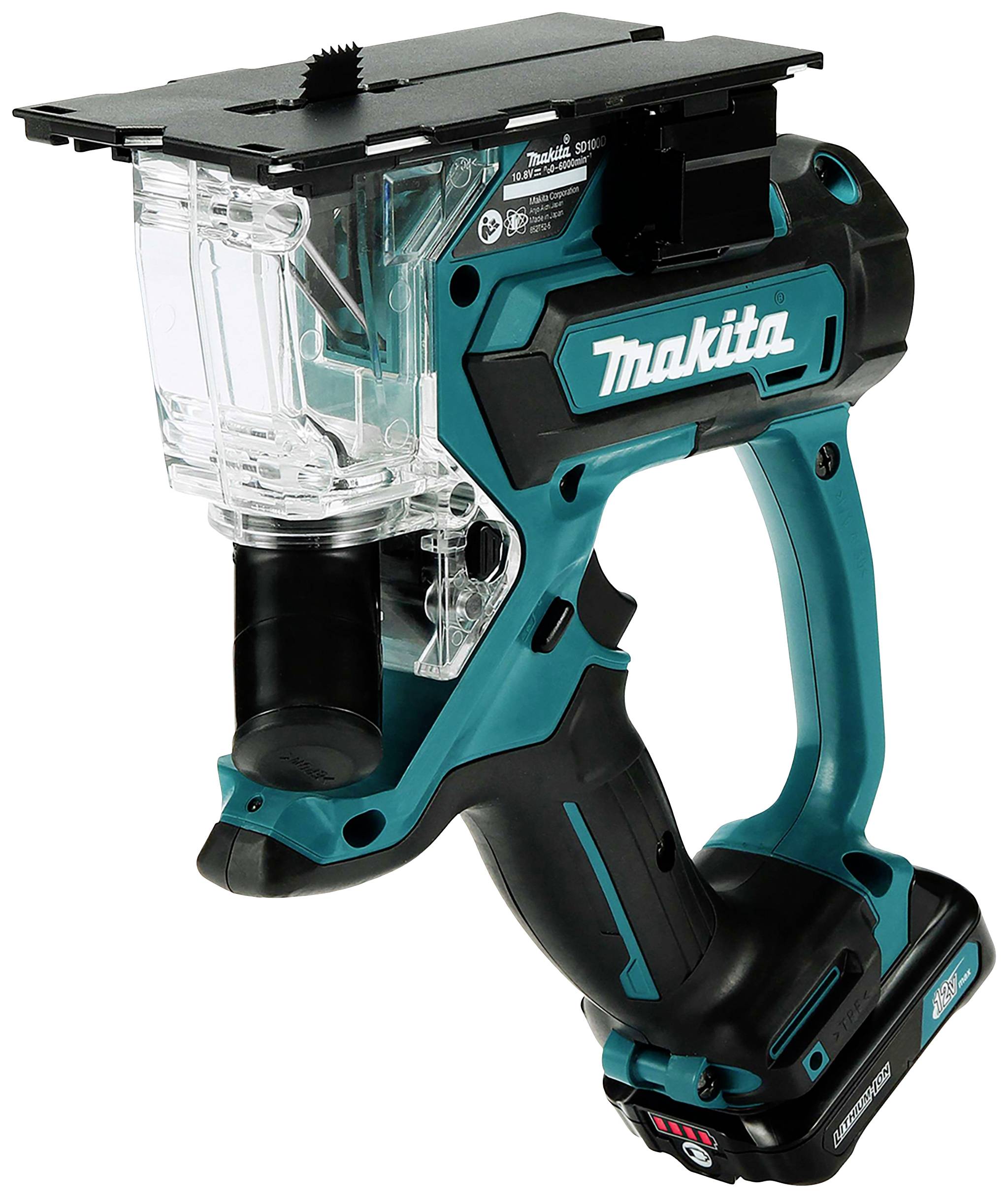 Bezprzewodowy niebieski akumulatorowy wycinacz profilowy z funkcją akumulatora i zbierania pyłu.