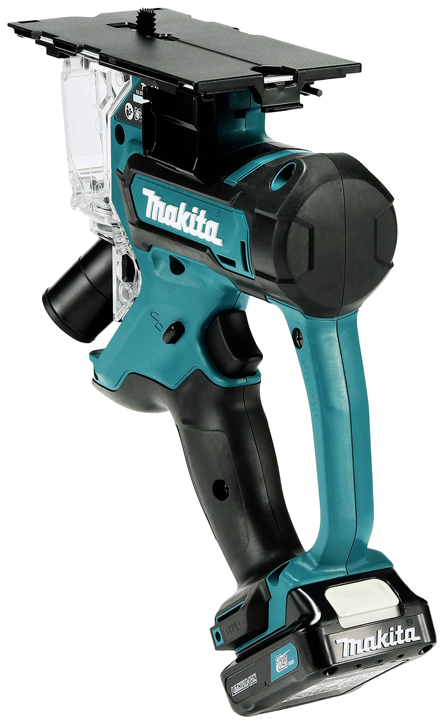 Ręczny, niebieski odkurzacz akumulatorowy z czarnym uchwytem i przezroczystym zbiornikiem na kurz, przeznaczony do małych prac porządkowych.