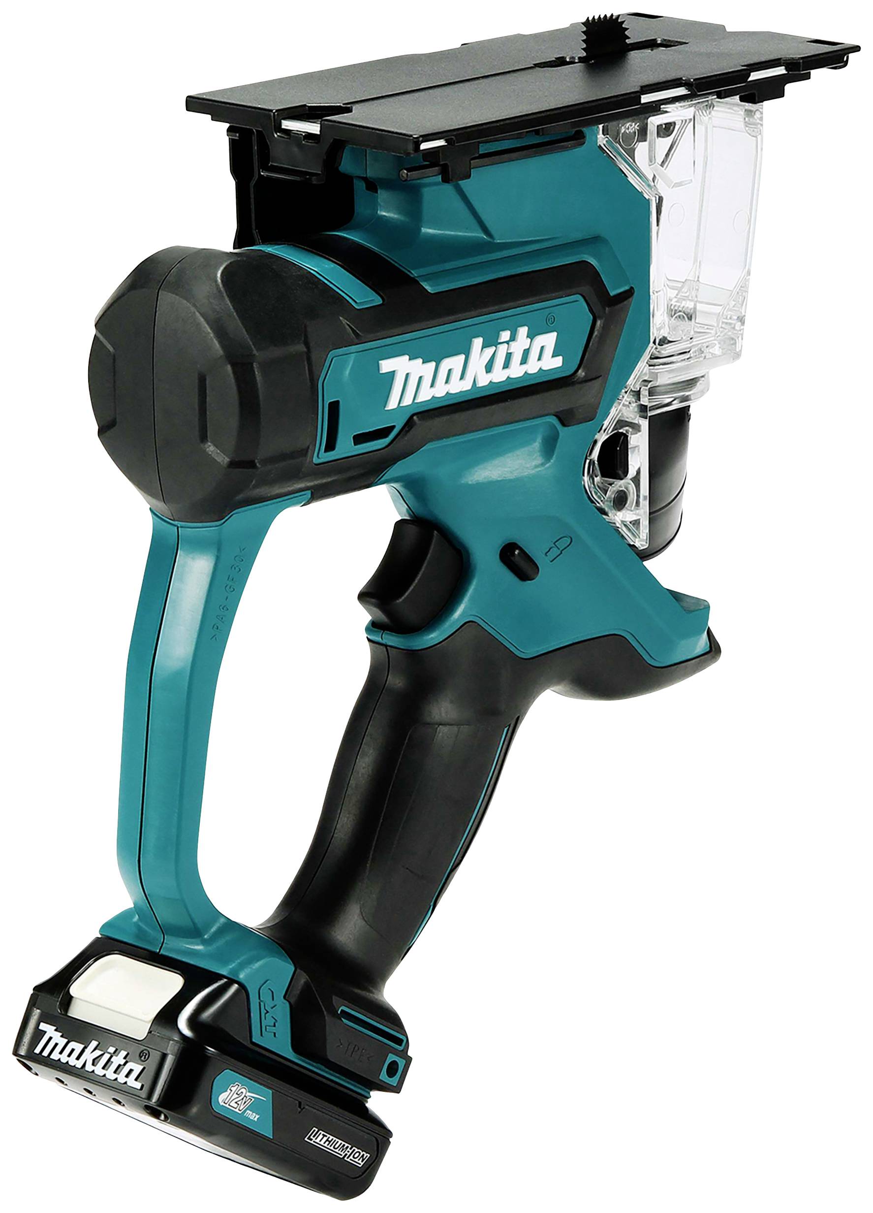 Bezprzewodowe elektronarzędzie marki Makita w kolorach niebieskim i czarnym, głównie stosowane do obróbki drewna lub podobnych zastosowań.