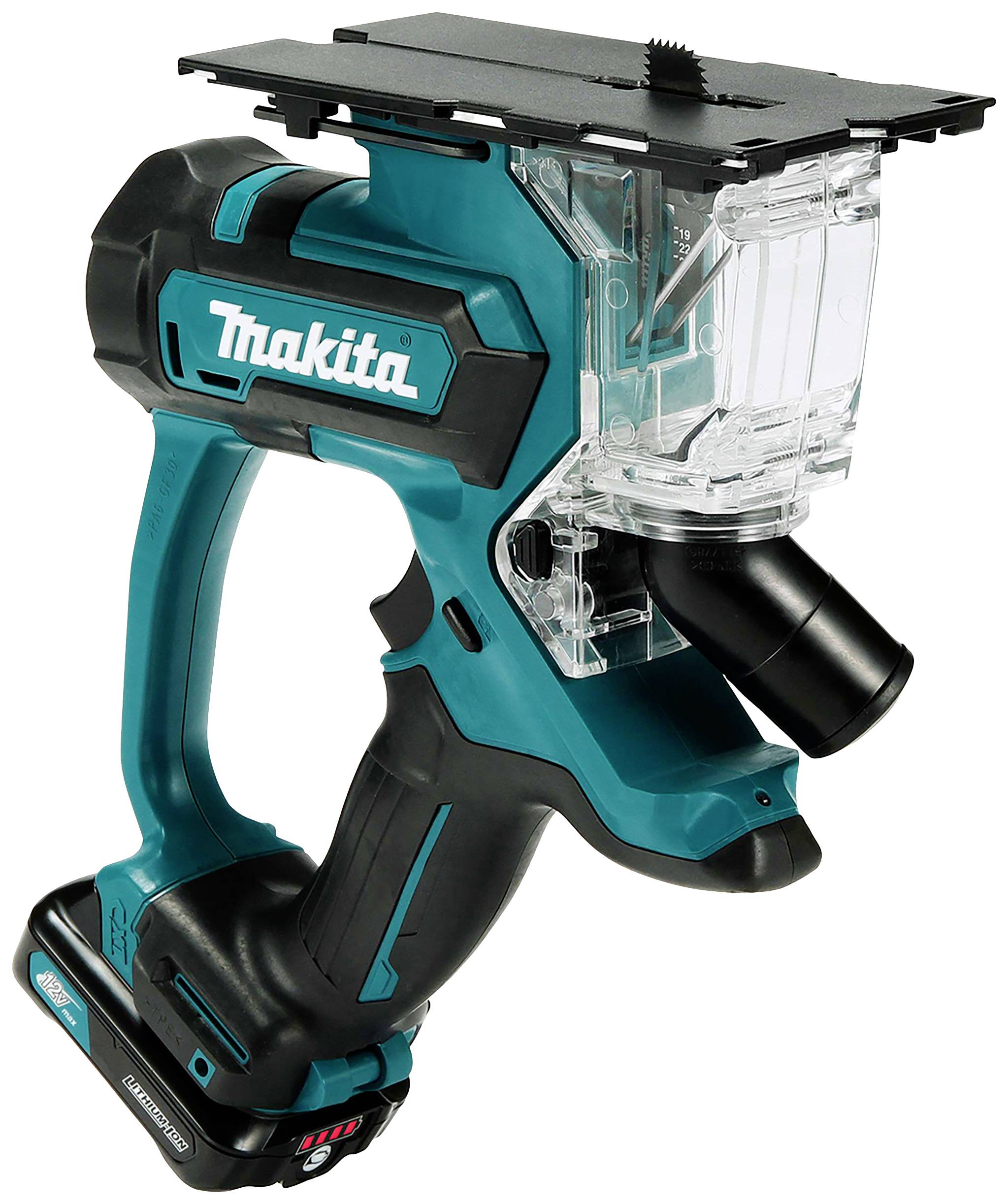 Bezprzewodowa ręczna piła tarczowa w kolorze niebieskim i czarnym z przezroczystą obudową ochronną, odpowiednia do precyzyjnego cięcia pianki.