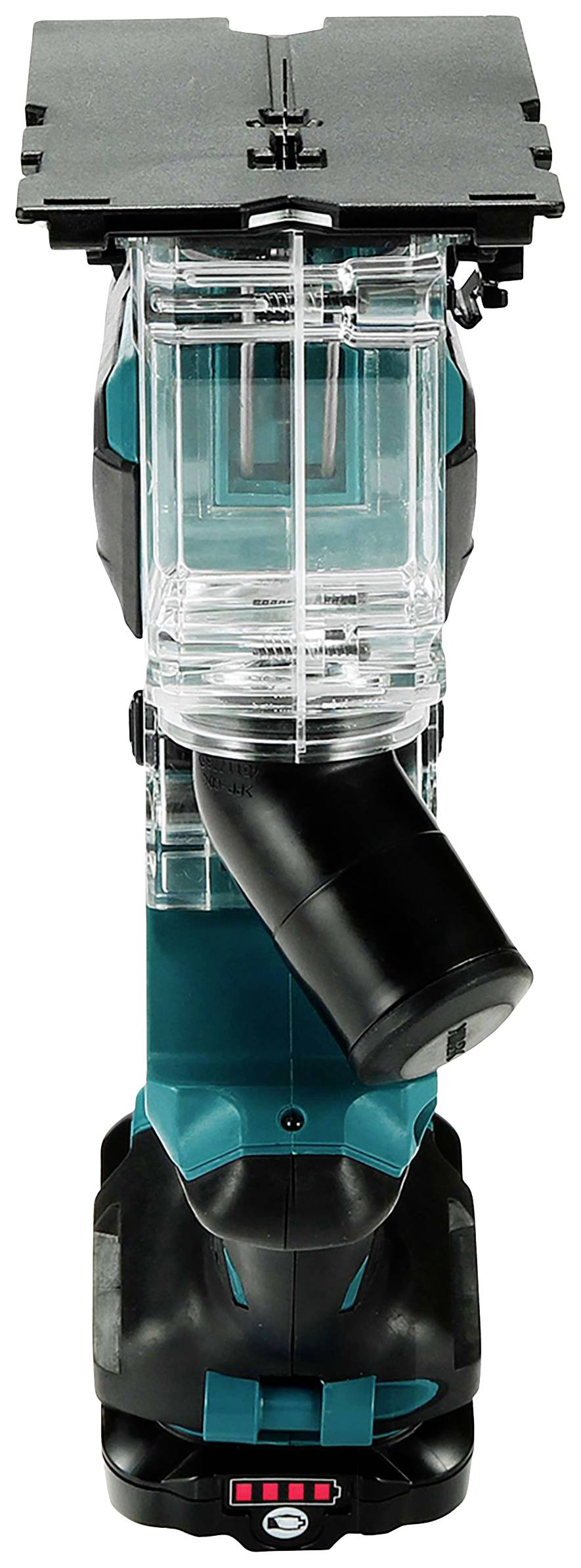 Akumulatorowy nóż do cięcia szczelin, widziany z góry, z przezroczystą osłoną i czarnym uchwytem. Odpowiedni do precyzyjnego cięcia materiałów.