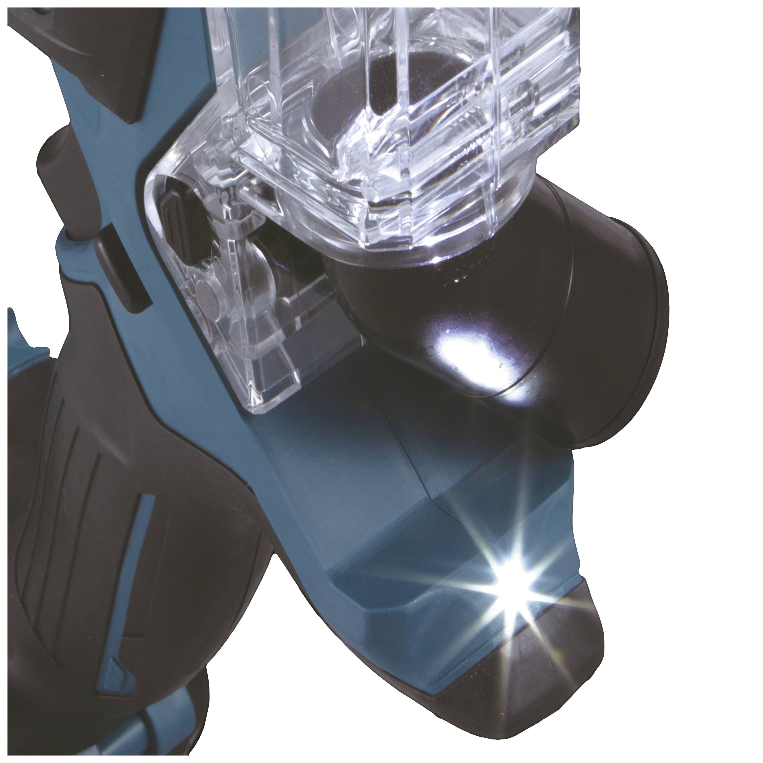 Zbliżenie niebieskiego elektronarzędzia z czarnym uchwytem i świecącą lampką LED, która oświetla obszar roboczy.