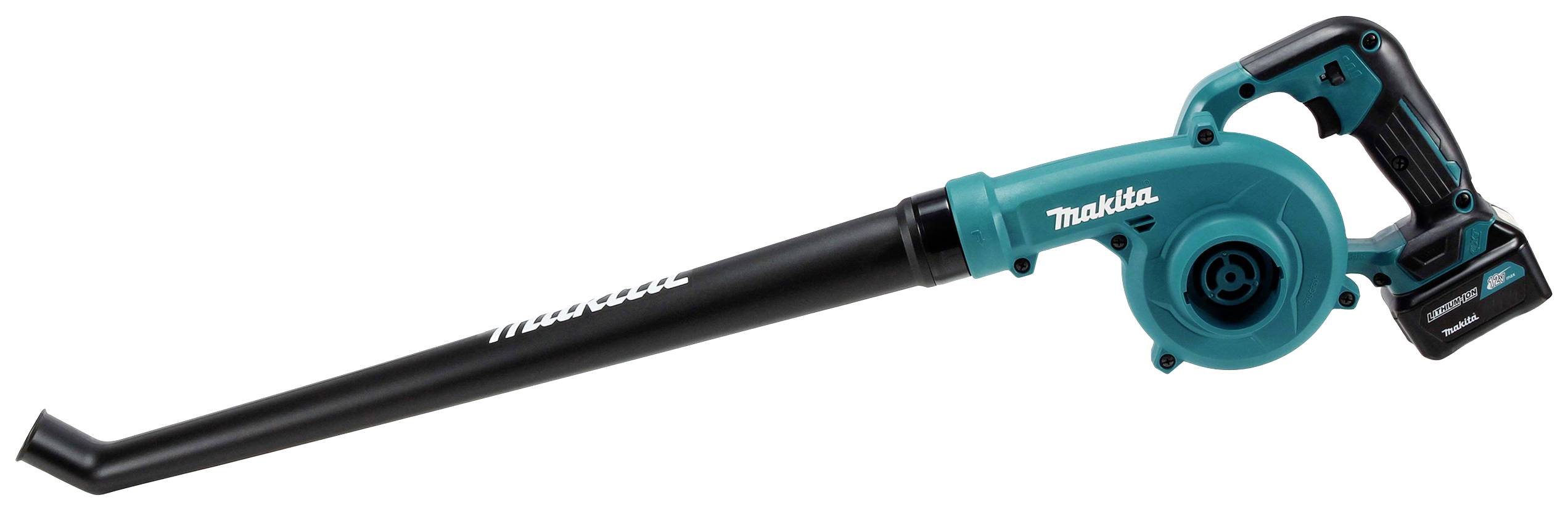 Ręczny, bezprzewodowy dmuchaw do liści z długą czarną rurą i niebieską obudową marki Makita.