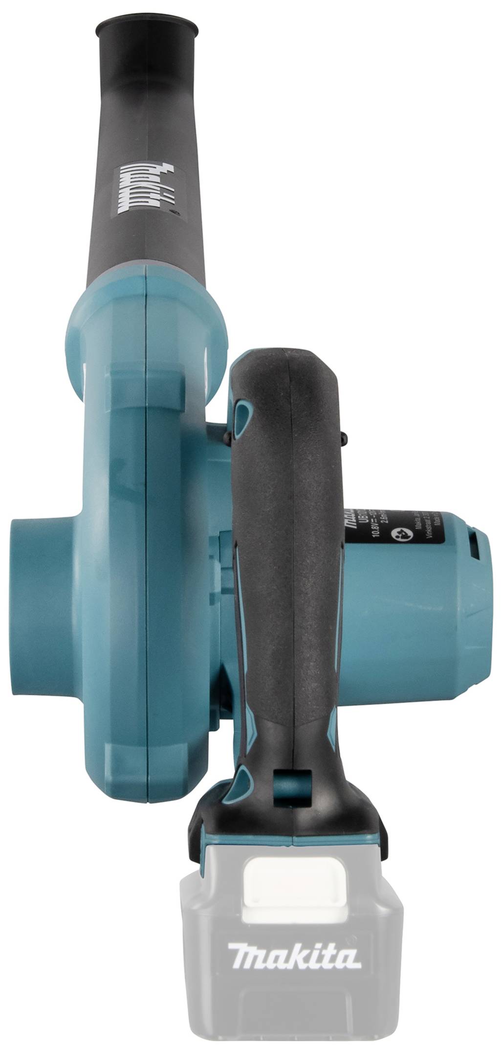 Niebieski, przenośny dmuchawa do liści z czarnym uchwytem i akumulatorem. Nazwa marki 'Makita' widoczna na akumulatorze. Urządzenie pokazane z góry.