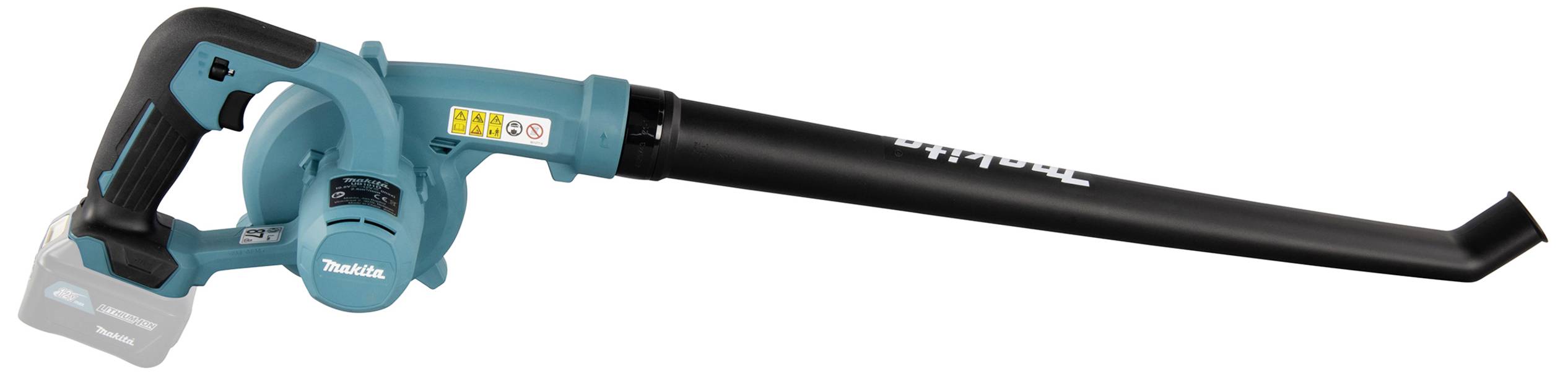 Bezprzewodowa dmuchawa do liści w kolorze niebieskim i czarnym z długą, czarną rurą wydechową, odpowiednia do sprzątania liści w ogrodzie.