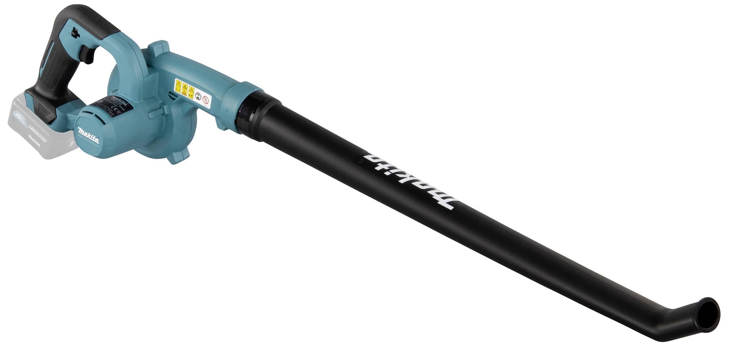 Niebieski, zasilany baterią odkurzacz do liści z czarną rurą, na której białymi literami napisano 'Makita'.