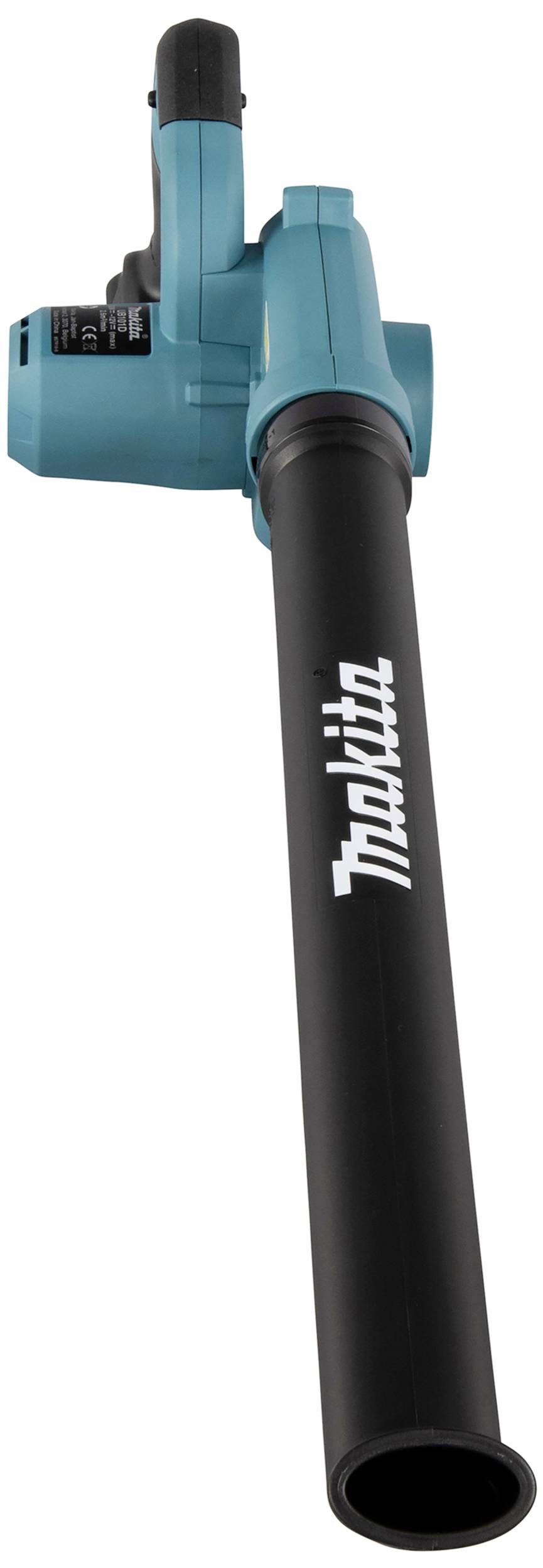 Niebieski elektryczny odkurzacz do liści z czarną rurą, na której wydrukowane jest logo marki.