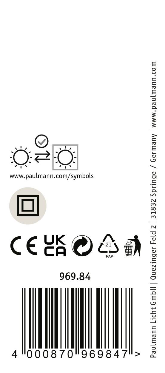 Etykieta z symbolami CE, UKCA i recyclingu. Kod kreskowy na dole. Po lewej: symbole światła słonecznego i kod QR do 'paulmann.com/symbols'.