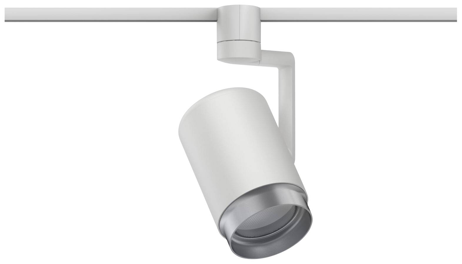 Biały reflektor sufitowy o cylindrycznym kształcie, zamontowany na szynie, przeznaczony do precyzyjnego oświetlenia wnętrz.