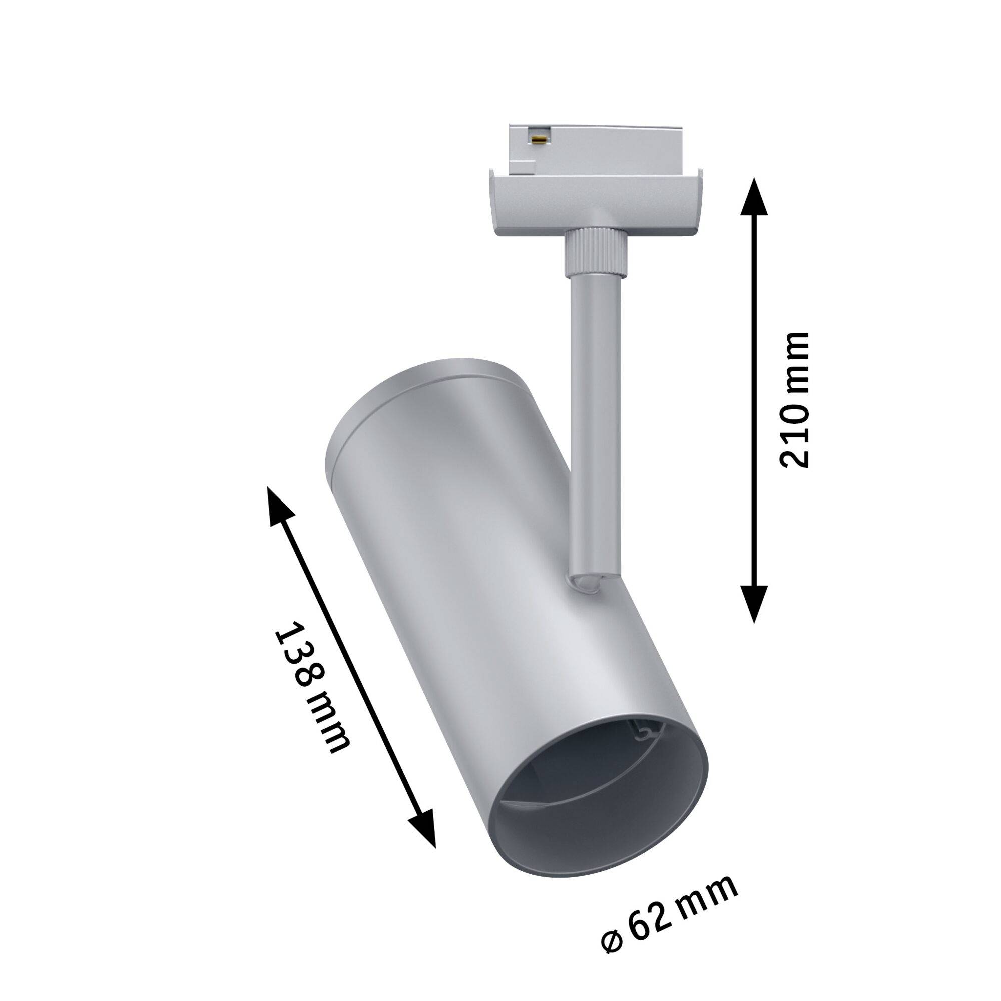 Srebrna, cylindryczna lampa sufitowa o wymiarach 138 mm długości, 62 mm średnicy i całkowitej wysokości 210 mm.