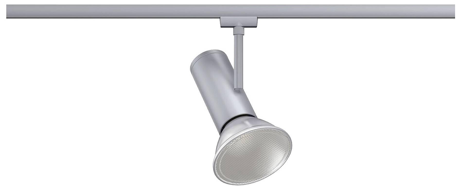 Srebrna lampa sufitowa zamontowana na szynie, odpowiednia do oświetlania pomieszczeń lub obiektów.