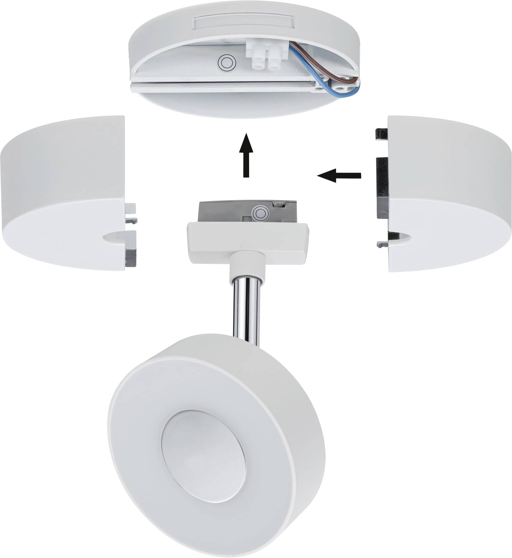 Rysunek rozstrzelony montażu lampy: lampa, uchwyt sufitowy oraz podłączenia kablowe. Strzałki wskazują kierunek montażu poszczególnych elementów.