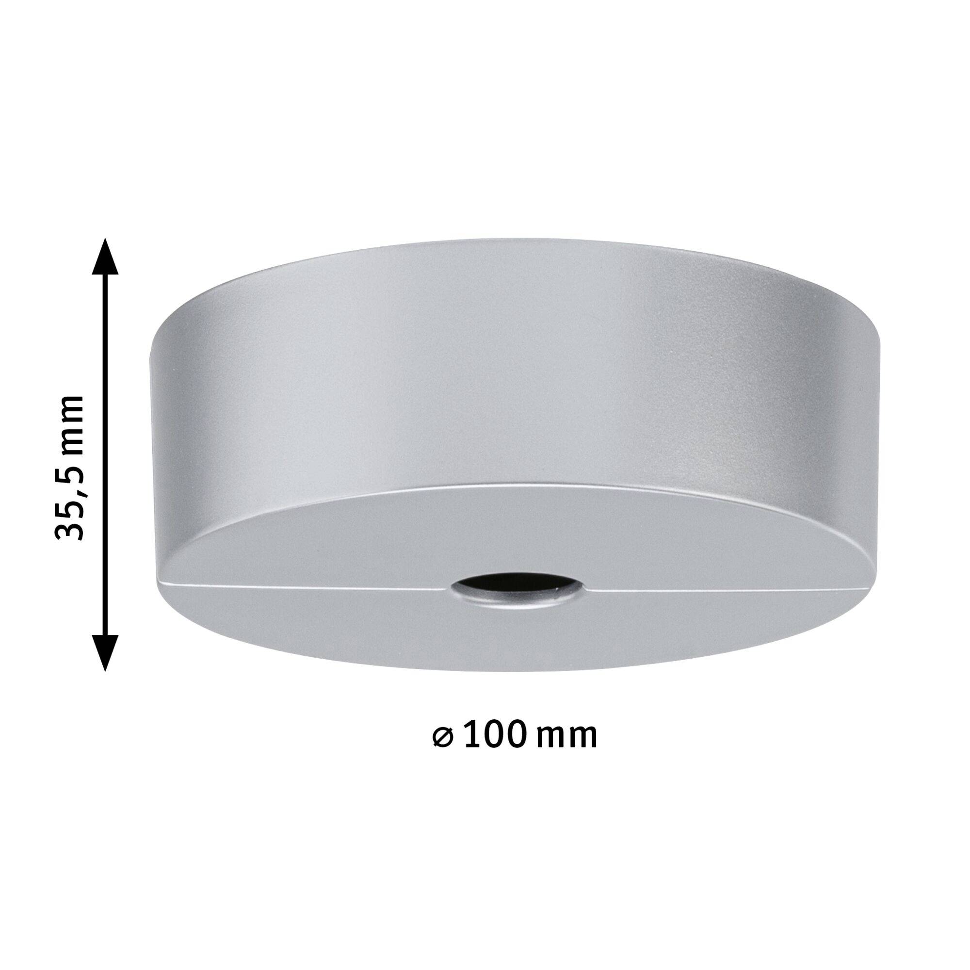 Okrągły srebrny kołnierz pokrywy o średnicy 100 mm i wysokości 35,5 mm.