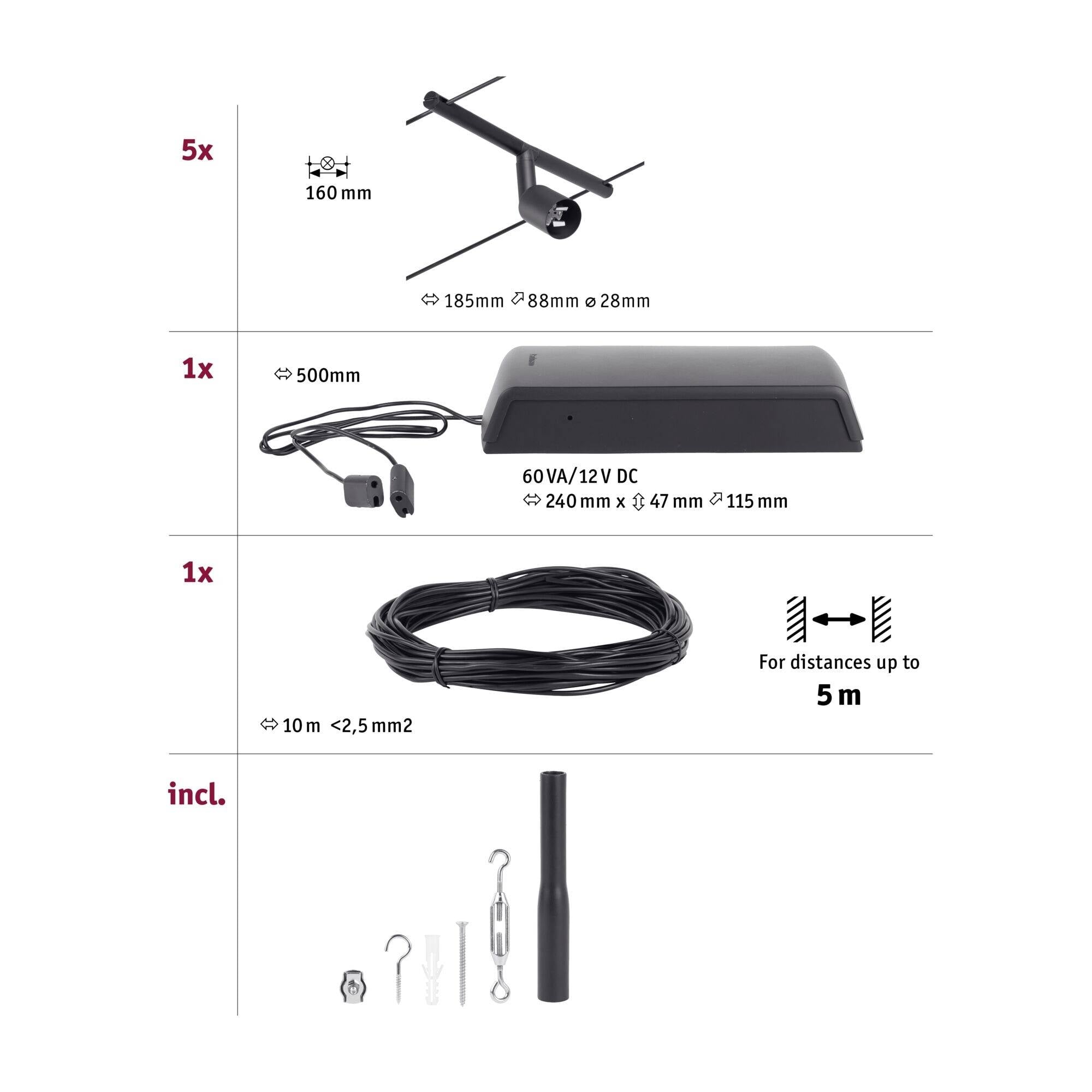 Zdjęcie przedstawia zestaw systemu napinającego linki: 5 napinników (160 mm), 1 transformator (kabel 500 mm, 60 VA/12 V DC), 1 kabel (10 m). Akcesoria włączone, przeznaczone do odległości do 5 m.