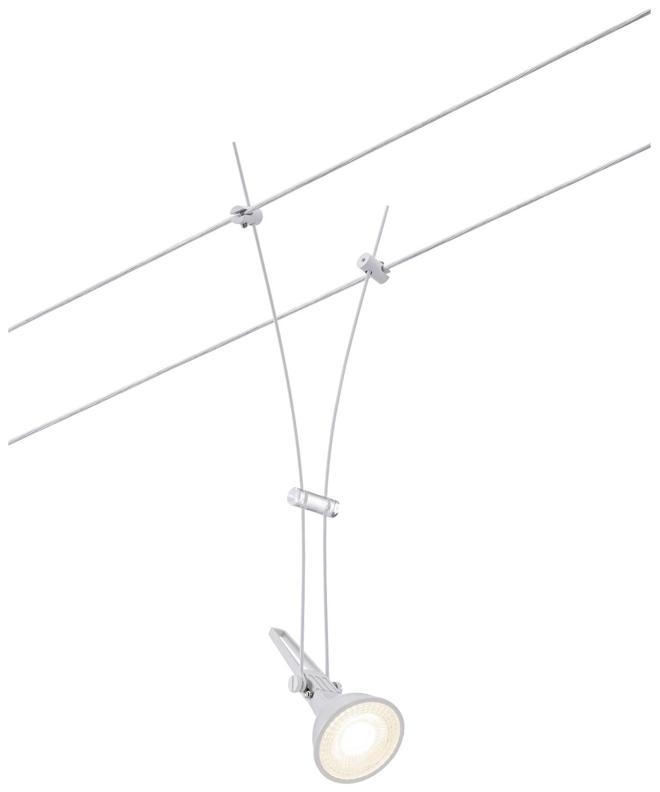 Nowoczesna, srebrna lampa linkowa z regulowaną głowicą, zamontowana na stalowej lince, idealna do precyzyjnego oświetlenia.
