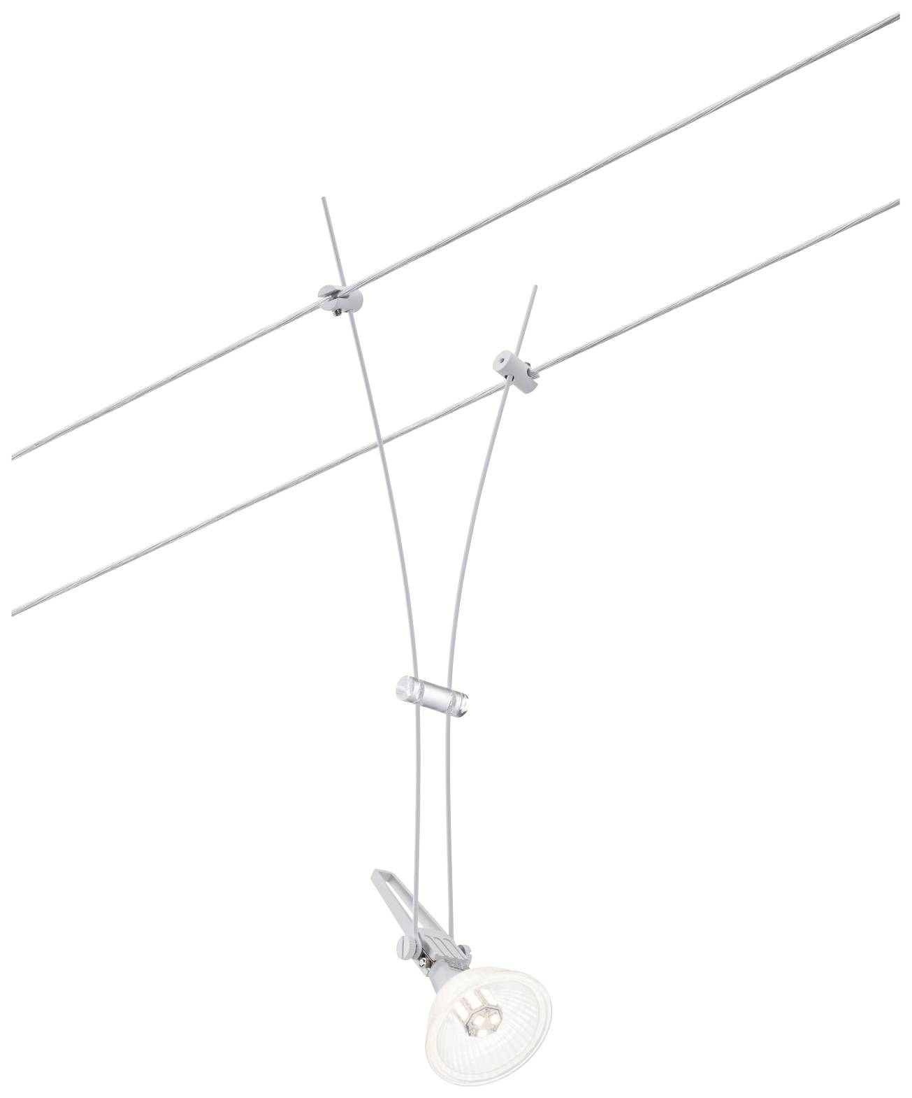 System oświetleniowy na szynach metalowych z regulowanym reflektorem, w nowoczesnym designie, zawieszony na dwóch równoległych przewodach mocujących.