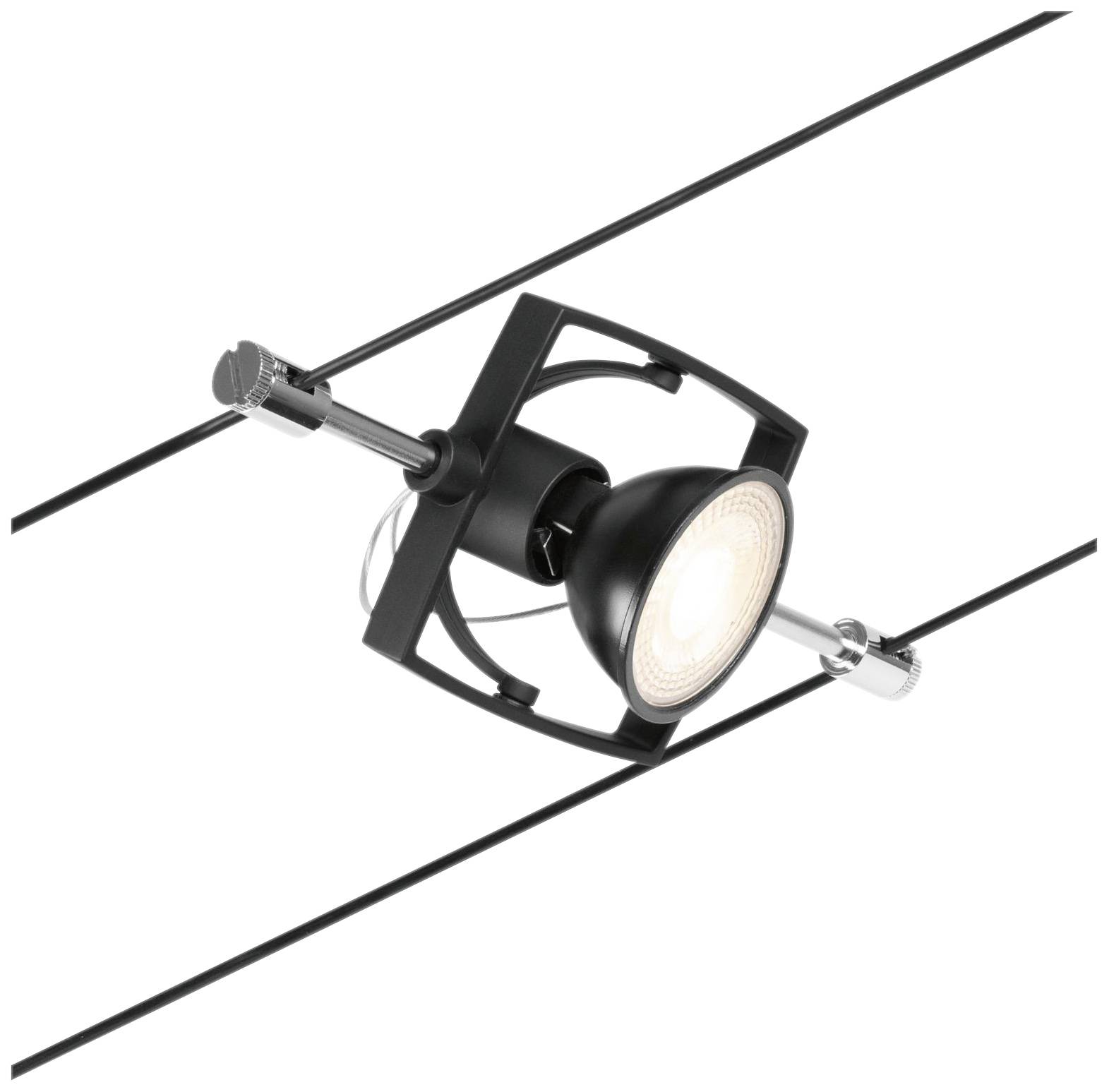 Czarny sufitowy reflektor punktowy zamontowany jest na dwóch przewodach. Świeci jasno i utrzymany jest w nowoczesnym, minimalistycznym stylu.