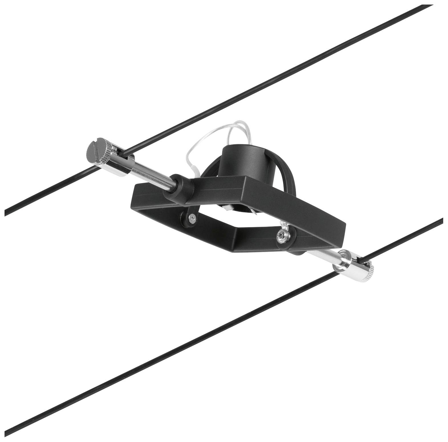 Czarny reflektor sufitowy montowany na systemie linowym, odpowiedni do nowoczesnego oświetlenia wnętrz.