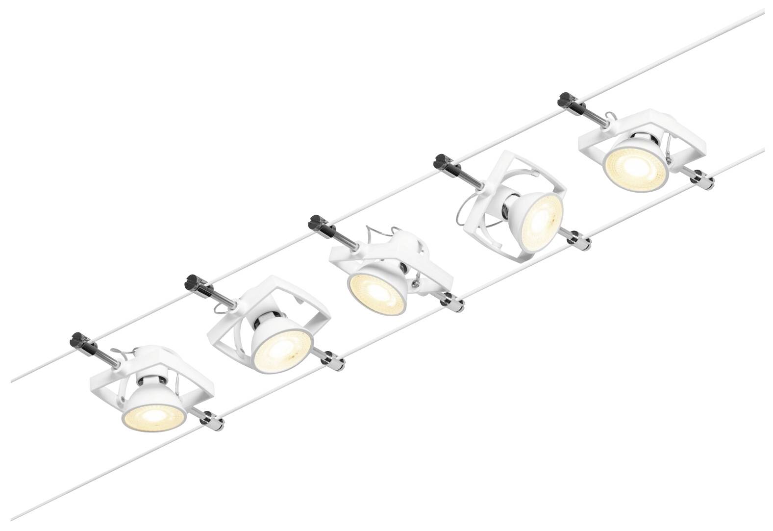 Pięć białych lamp sufitowych zamontowanych w linii, emitujących ciepłe światło. Idealne do równomiernego oświetlenia pomieszczenia.