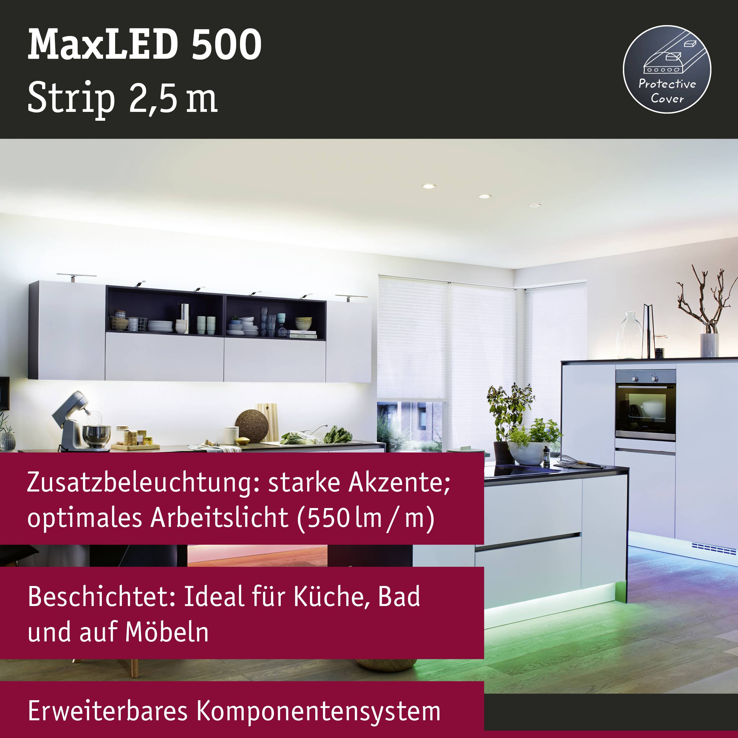 Pasek LED MaxLED 500 o długości 2,5 m w nowoczesnym wnętrzu kuchni. Wyróżnienie: optymalne oświetlenie (550 lumenów) do kuchni, łazienki i mebli.