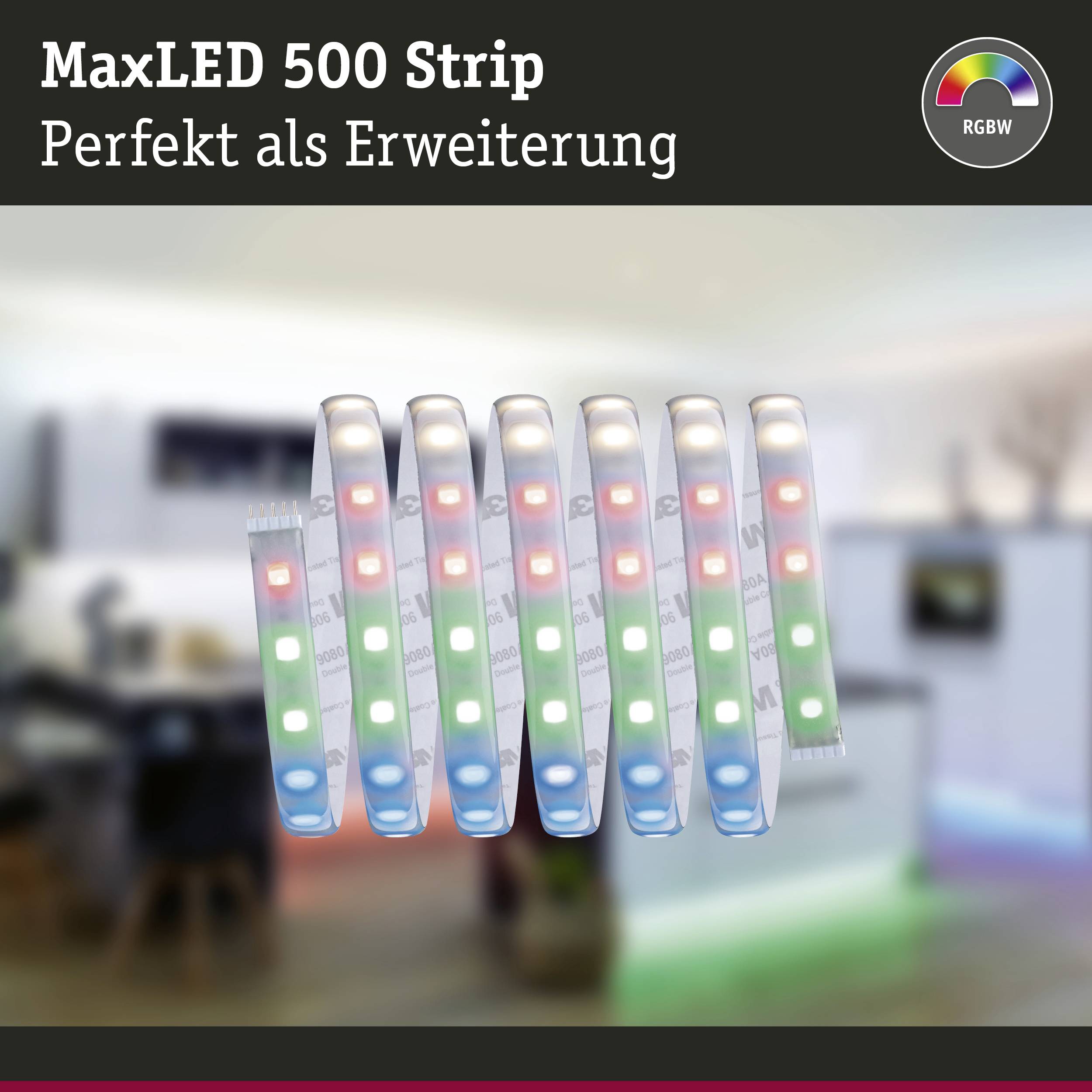 Zdjęcie produktowe LED z napisem 'MaxLED 500 Strip Idealny do rozbudowy'. Kolorowo świecące paski LED.