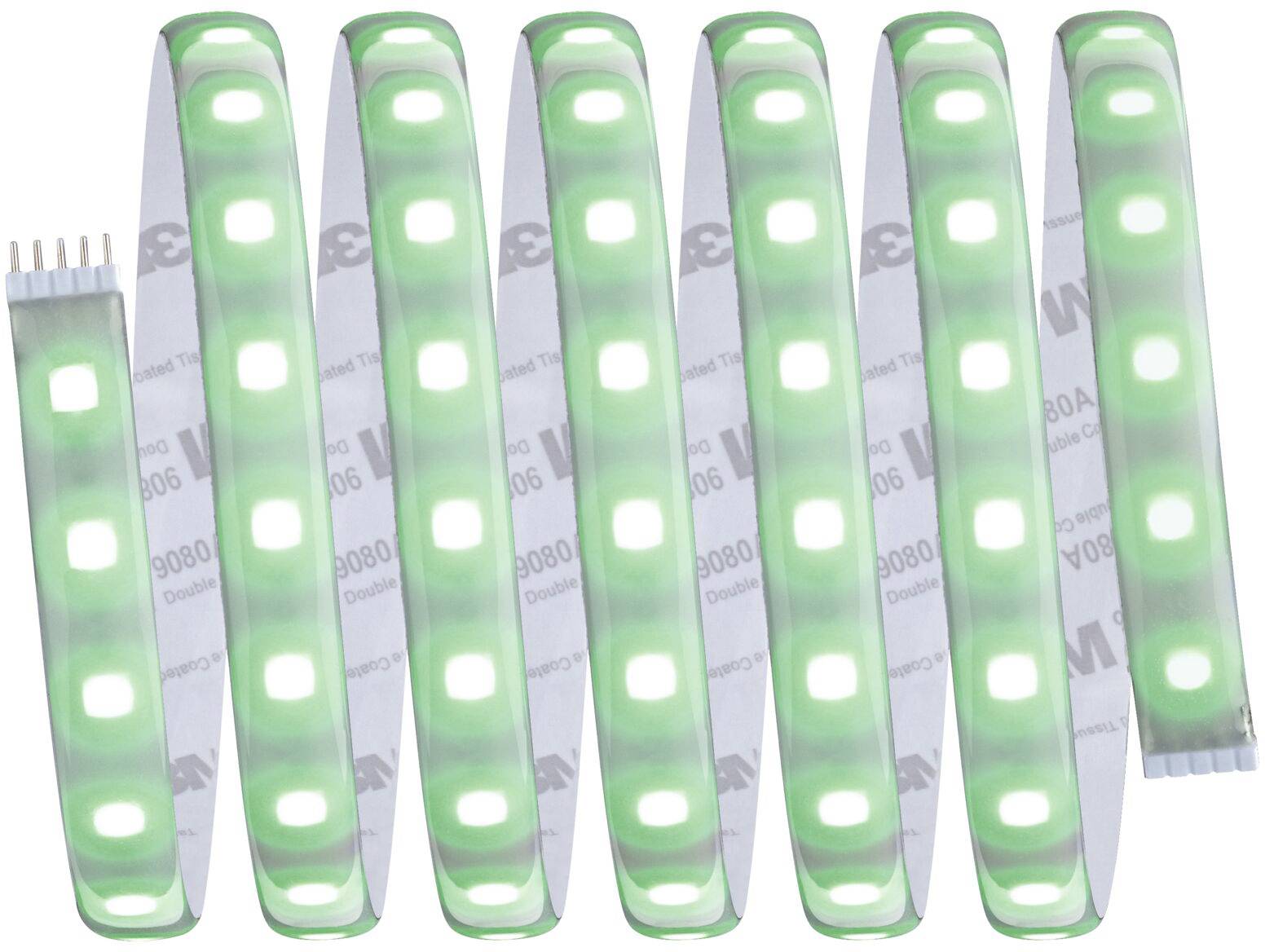 Zielony pasek LED w kształcie zygzaka, świecący z równomiernymi odstępami między diodami.