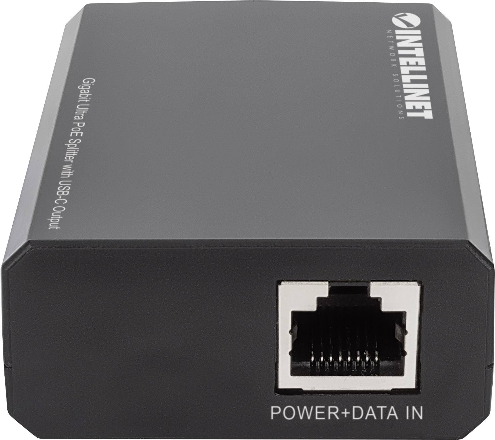 Czarny rozdzielacz Gigabit Ultra PoE firmy Intellinet z wyjściem USB-C oraz gniazdem Ethernet do zasilania i przesyłu danych.