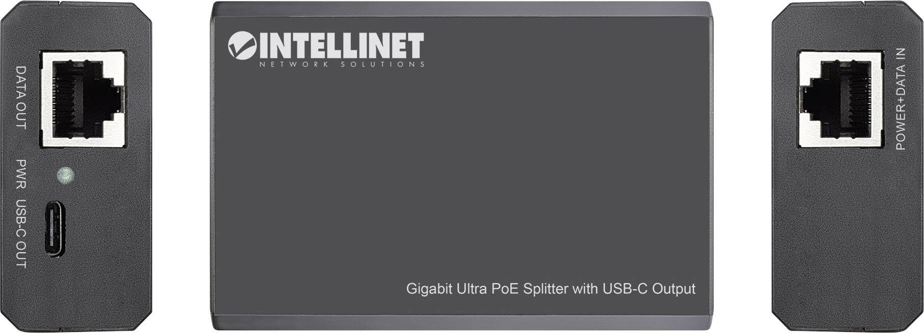 Rozdzielacz PoE 'INTELLINET Network Solutions' Gigabit Ultra z wyjściem USB-C. Po lewej stronie 'DATA OUT', złącze USB-C. Po prawej stronie 'POWER DATA IN'.