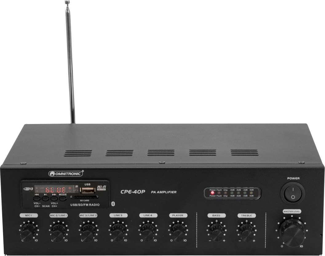 Czarny wzmacniacz z wyświetlaczem radiowym, wieloma przyciskami do regulacji głośności i anteną. Oznaczony jako 'Omnitronic CPE-40P'.