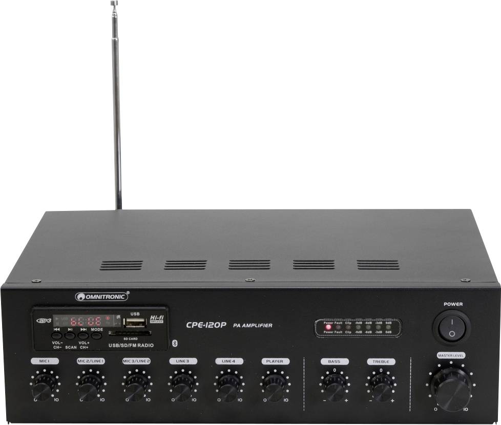 Wzmacniacz systemu dźwiękowego z anteną. Przełączniki i pokrętła do regulacji głośności i ustawień dźwięku. Wyświetlacz pokazuje częstotliwość i tryby.