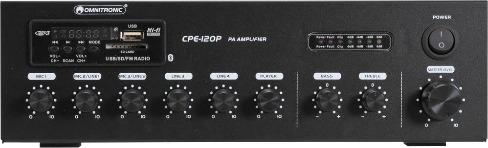 Czarny wzmacniacz Omnitronic CPE-120P z wieloma regulatorami i złączem USB. Oznaczenia dla mikrofonu, linii, odtwarzacza, niskich i wysokich tonów.