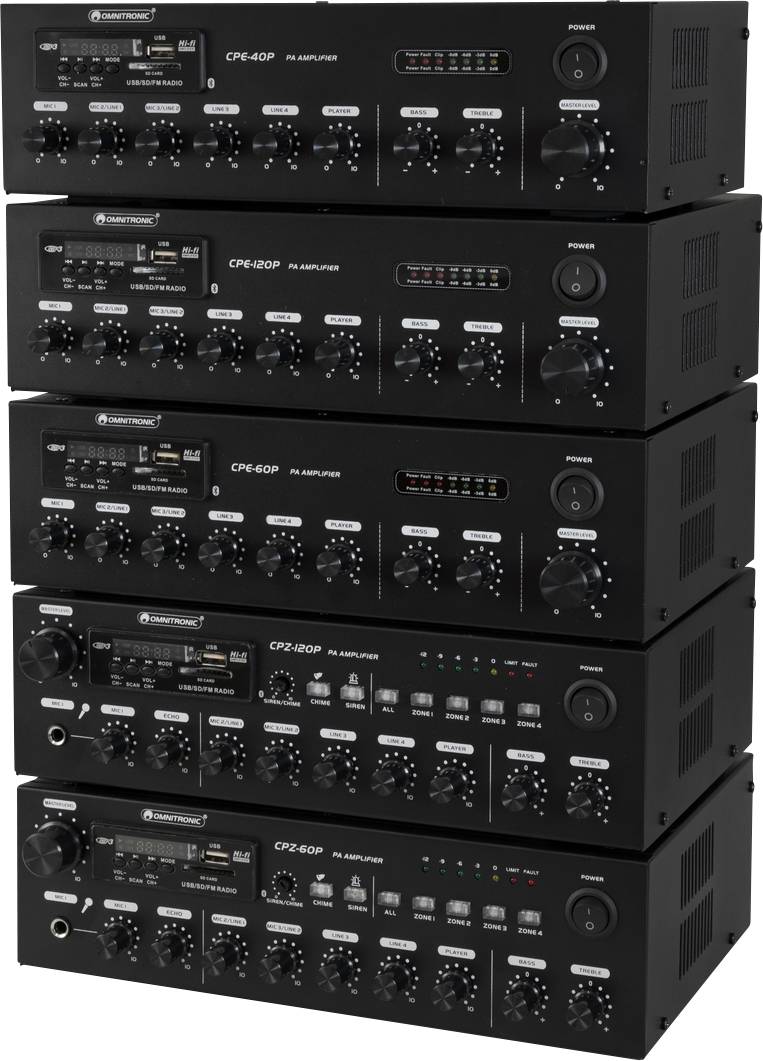 Pięć piętrzonych mikserów audio z wieloma pokrętłami i przełącznikami, modelowane jako CPE-60P, CPE-120P i CPE-240P, przeznaczone do zastosowań studyjnych lub scenicznych.