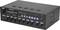 Czarny wzmacniacz z wieloma pokrętłami i gniazdami, w tym regulatorami dla czterech stref. Wskaźniki świetlne sygnalizują aktualny tryb pracy.