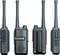 Cztery widoki czarnego walkie-talkie z anteną: widok z przodu z logo, widoki z boku z przyciskami, widok z tyłu z teksturą.